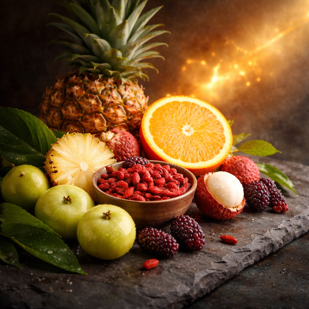 Refined square composition of pineapple, orange, goji berries, Indian gooseberry and mulberries arranged on a neutral surface in soft natural light, representing antioxidant-rich fruit extracts used in Alveris.