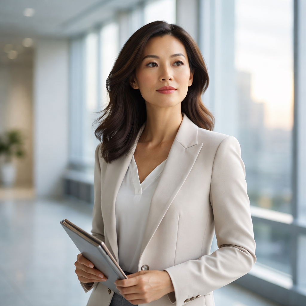 Focused professional Asian woman in her 40s standing in soft morning light, dressed in a tailored uniform, conveying clarity, composure, and readiness for the day.