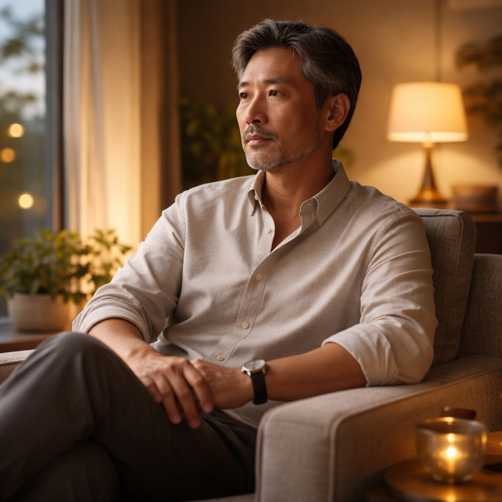 Middle-aged Asian man seated at home in soft evening light, resting calmly with hands loosely clasped, conveying quiet balance and composure at the end of the day.