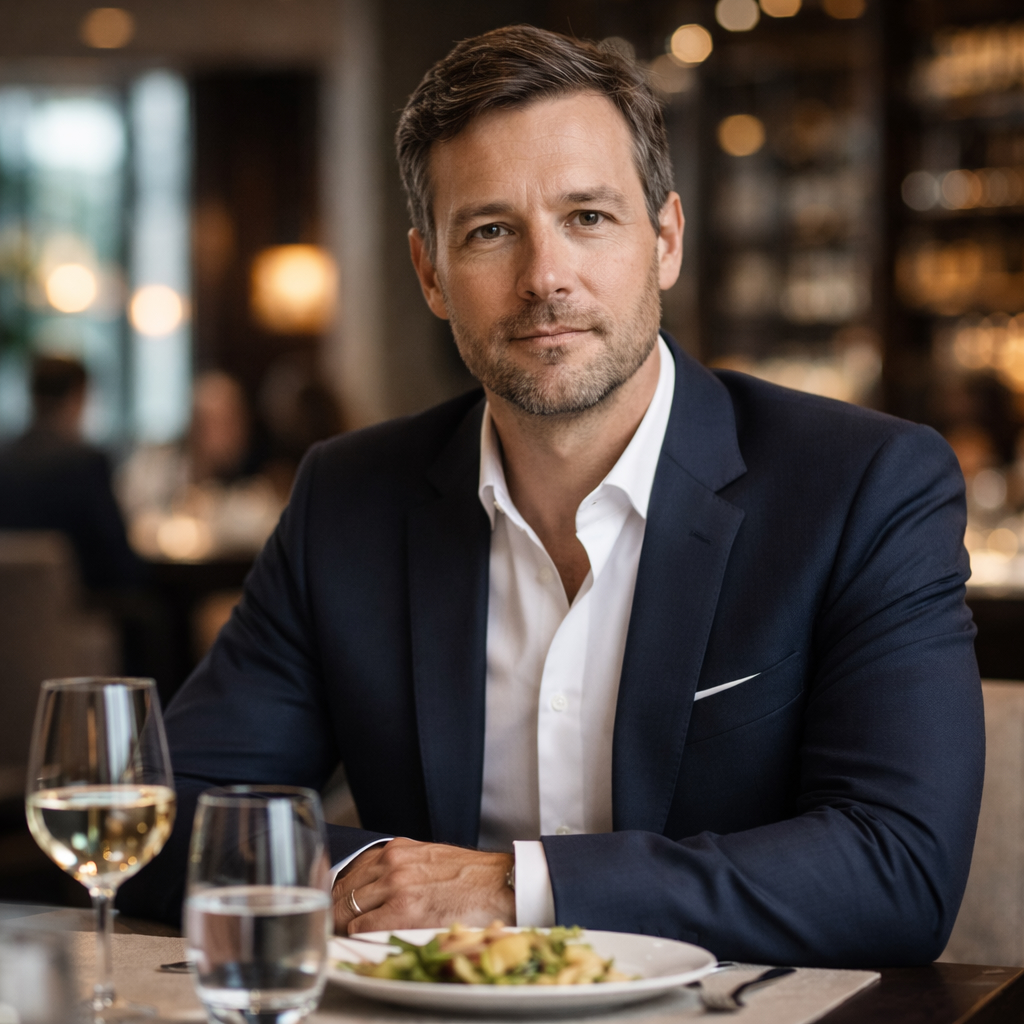 A professional man seated at a table at a business dinner. 