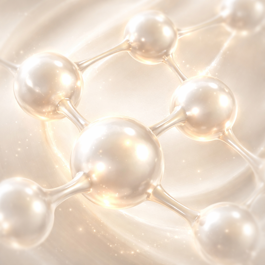 Abstract, softly lit molecular network in pearl and neutral tones representing Alveris glutathione support system and coordinated antioxidant activity.