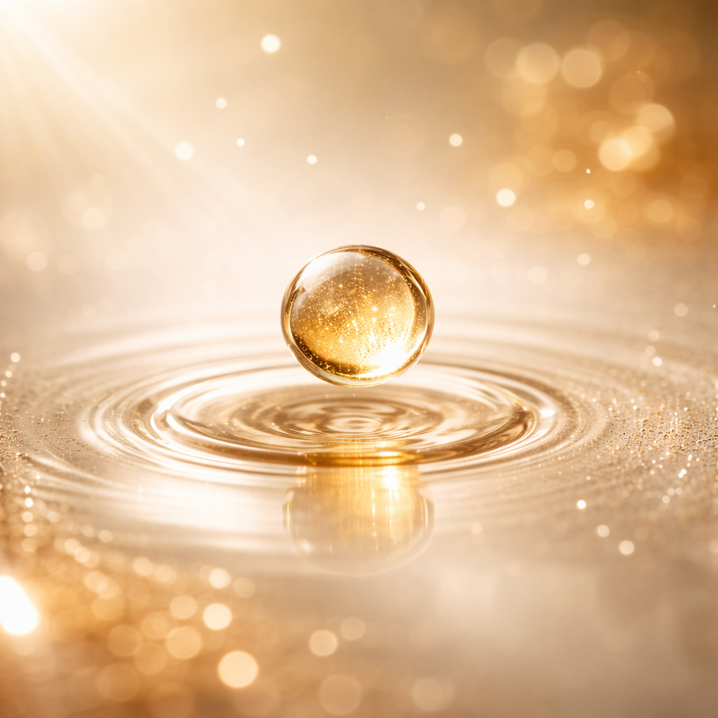 Close-up of a luminous golden droplet suspended in fluid, symbolising targeted nano-encapsulation and controlled absorption of botanical extracts