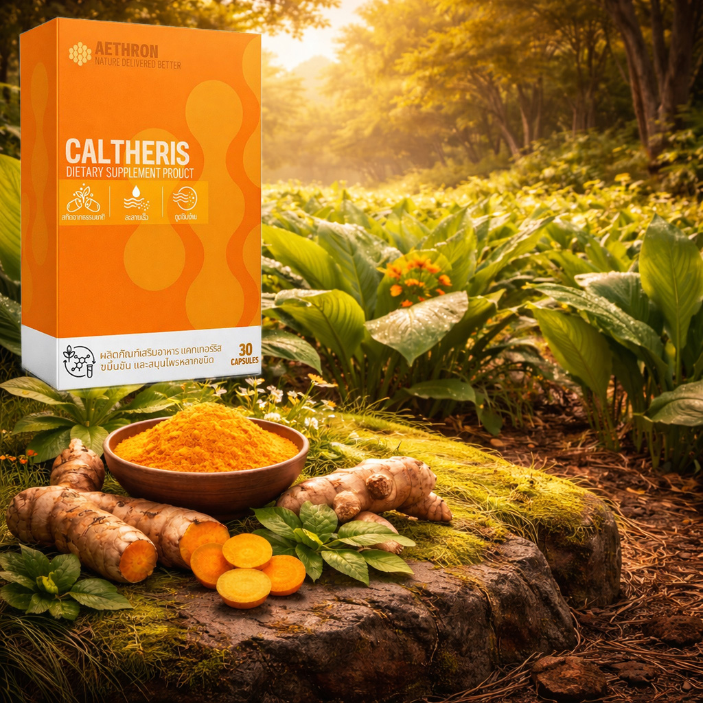 A box of Caltheris stands in front of a field with root and powdered turmeric infront of itself.