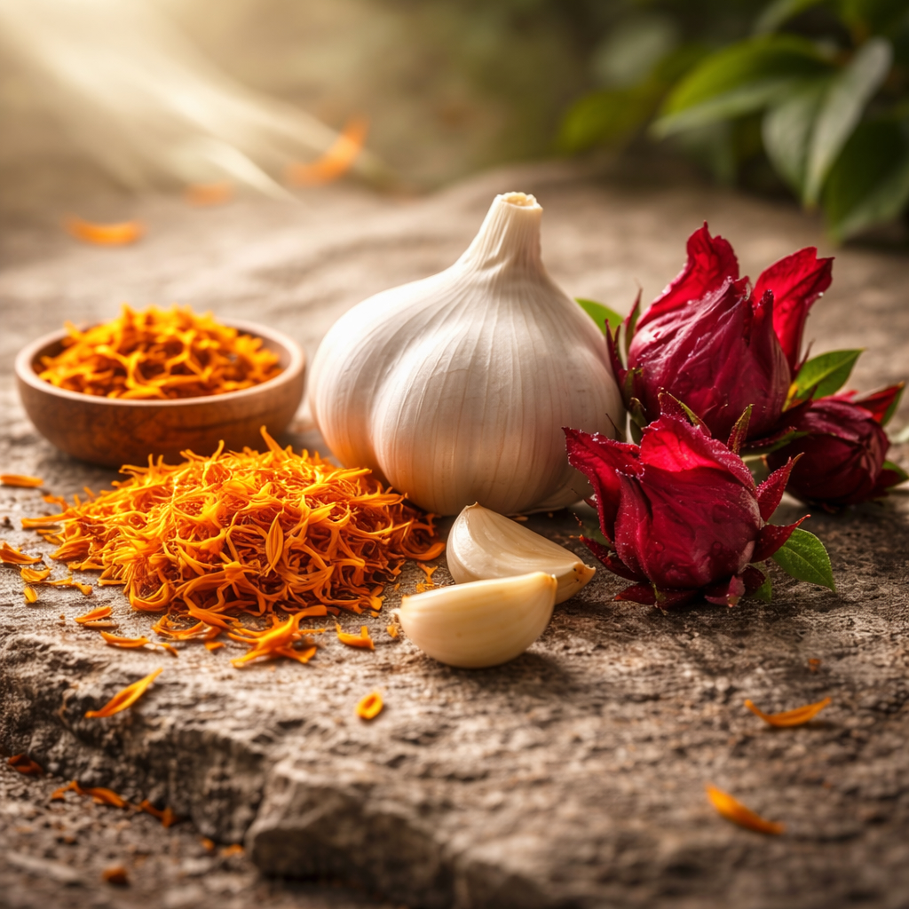 Garlic, safflower, and roselle botanicals used in Caltheris, photographed with warm natural light to reflect circulation and vitality.