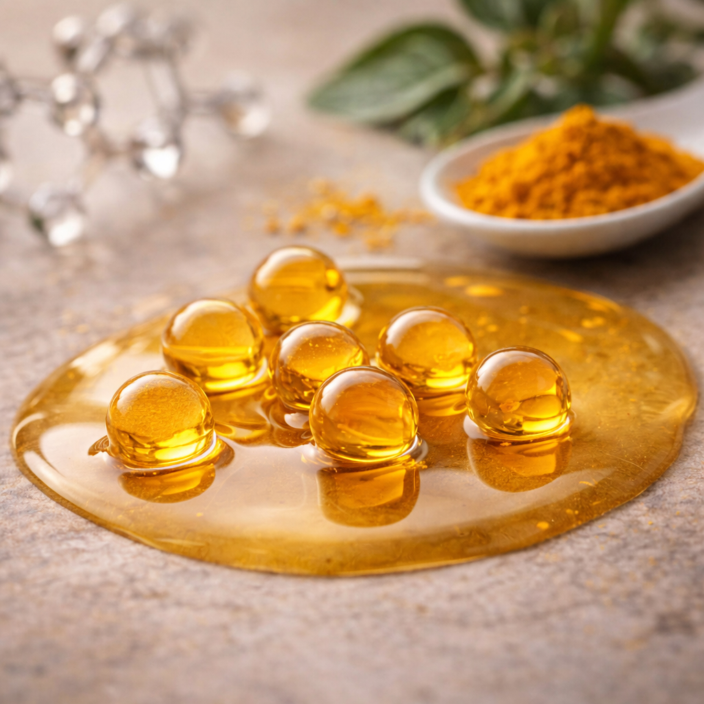Close-up of turmeric extract and botanical oils suspended in a smooth golden liquid, representing precision delivery of plant-derived compounds in a structured formulation.