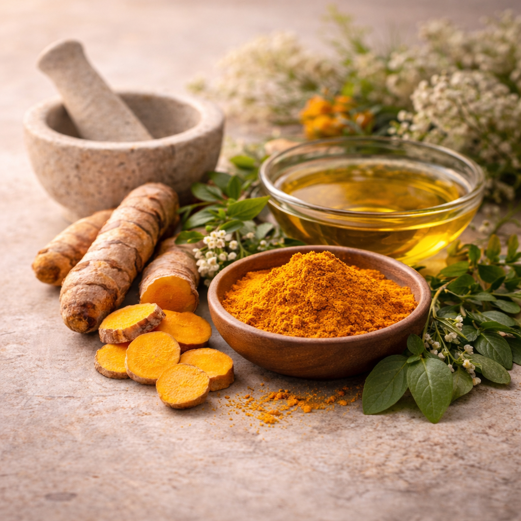 Close-up square photograph of turmeric roots and powder arranged on a natural stone surface with green leaves and warm golden light, representing Caltheris’ plant-based formulation philosophy and balanced botanical design.