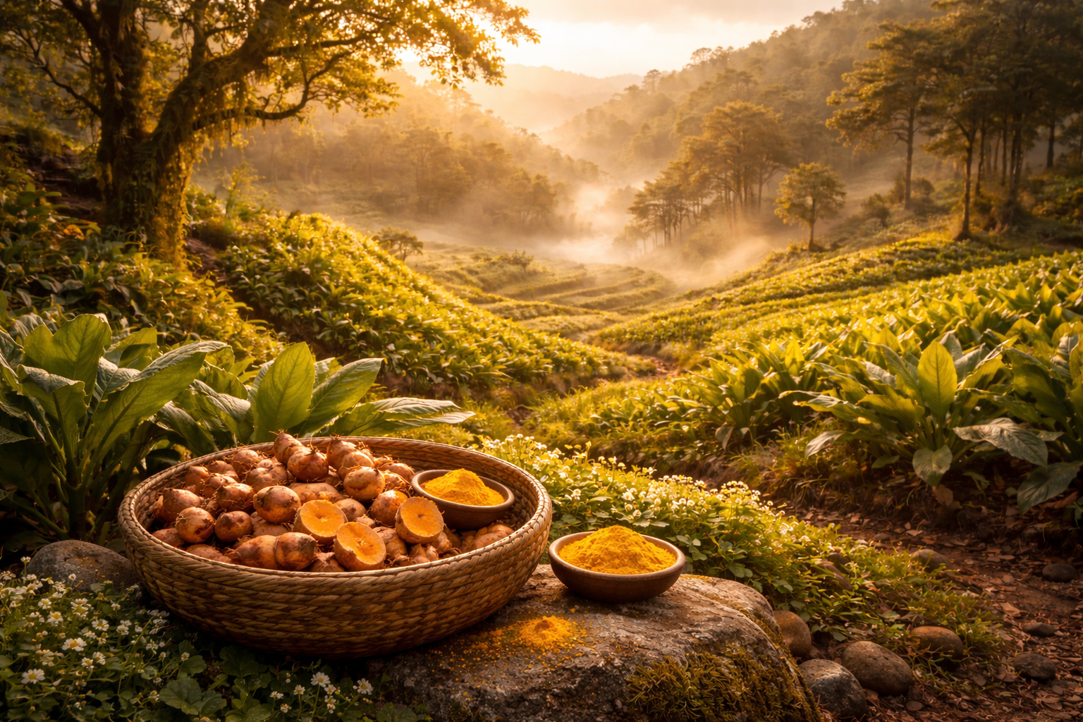 Volcanic highland landscape from the Flameforged regions of Aethron, with dark basalt stone, geothermal steam, and distant peaks at dusk.