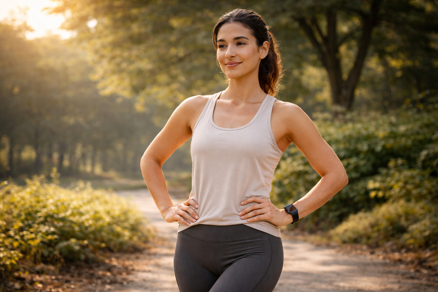A woman resting with hands on hips during a late afternoon exercise session. 