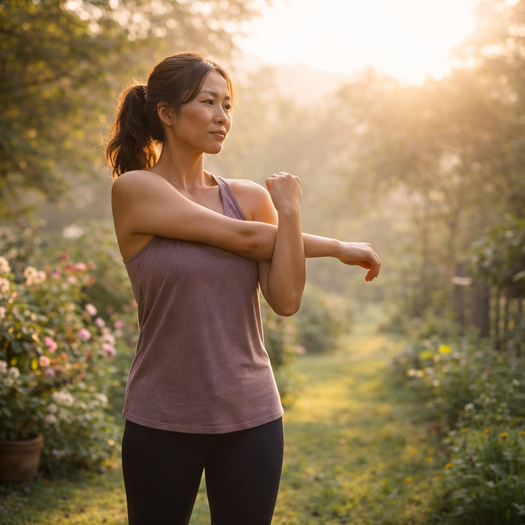 Asian woman in her early forties stretching in a sunlit garden courtyard in the morning, wearing neutral activewear, surrounded by greenery and soft golden light, conveying calm readiness and balanced energy.