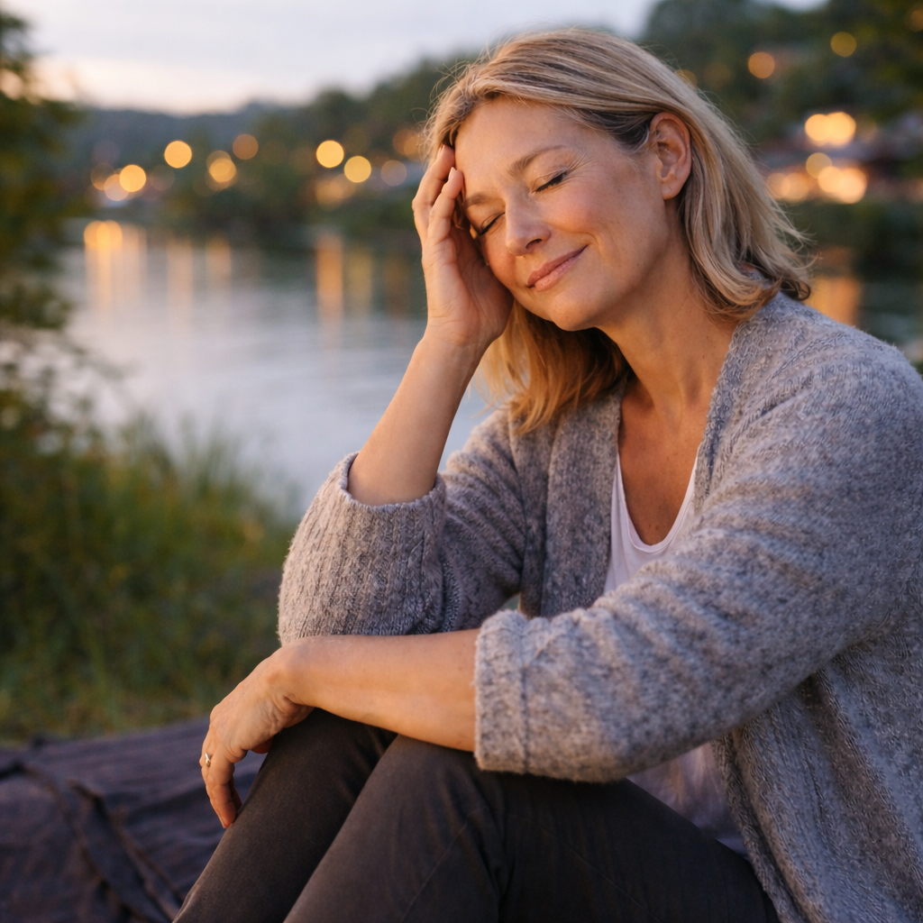 Middle-aged Caucasian woman sitting on a sunlit river bank in the evening, eyes closed and smiling gently, enjoying a calm moment of relaxation and renewal.