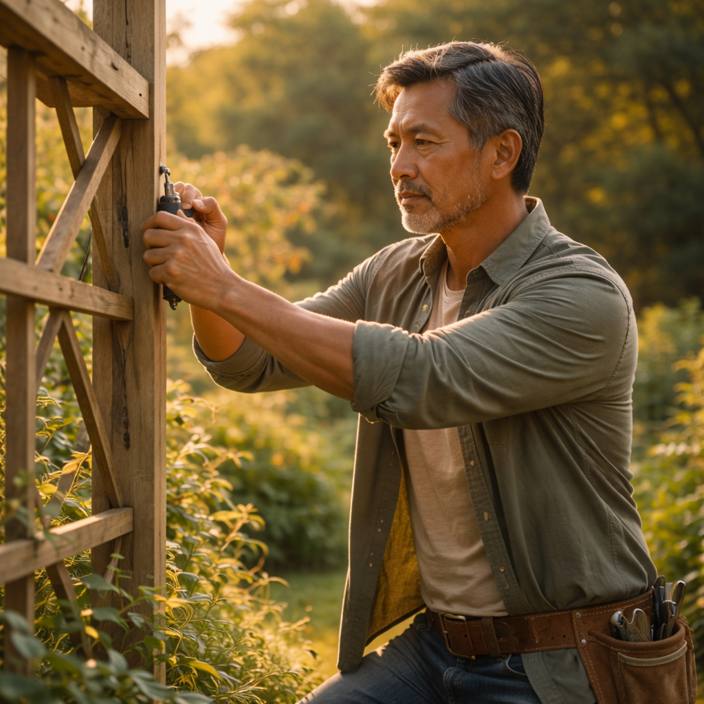 Middle-aged Asian man working steadily in a garden during late afternoon light, focused and composed while handling wooden materials, representing sustained strength and resilience under everyday physical load.