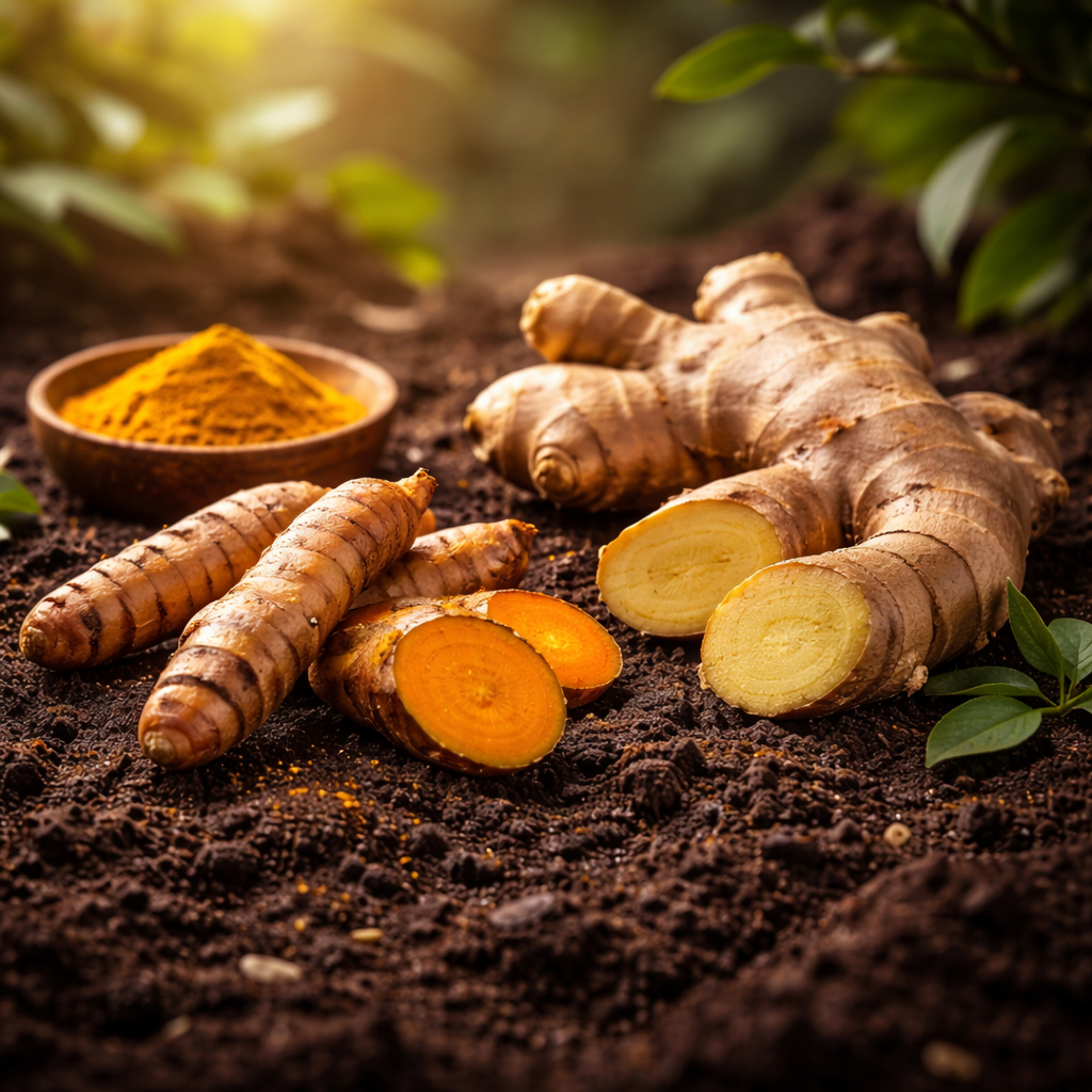 Close-up of fresh turmeric and ginger roots on natural stone, highlighting foundational botanical extracts used in Caltheris.