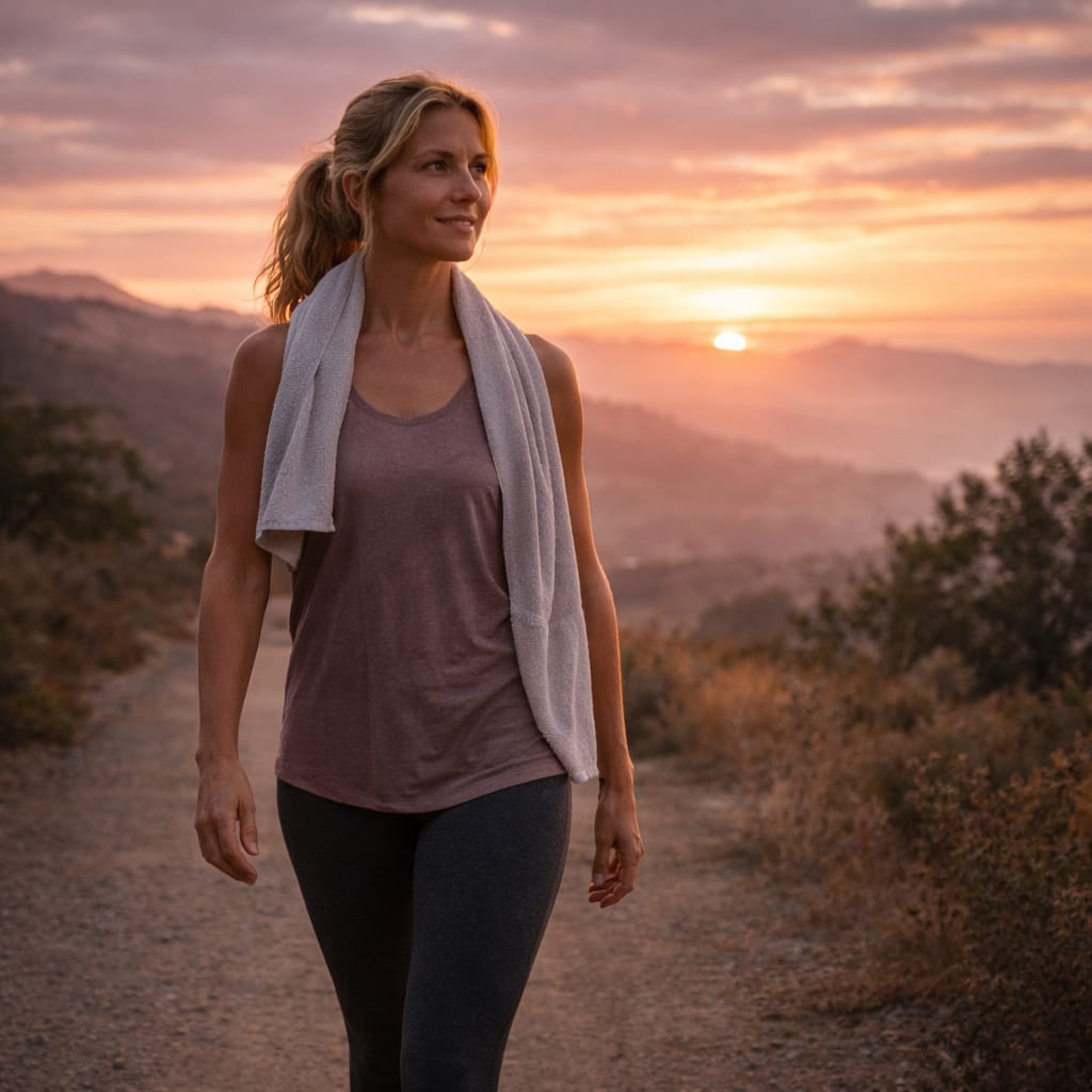 Woman walking calmly at sunset after physical activity, representing relaxation and ease after movement.