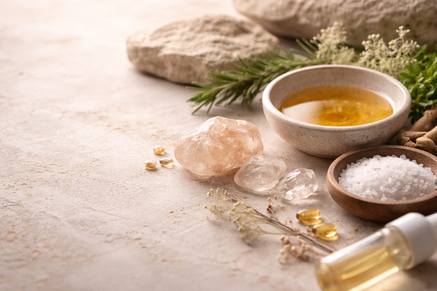 Natural botanical oils and mineral textures arranged on stone, representing the formulation philosophy behind Fironis body care