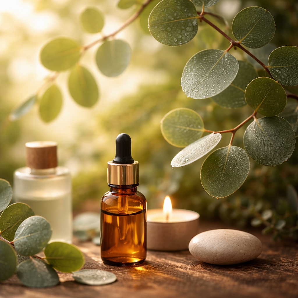Soft golden light filtering through eucalyptus leaves, creating a calm, stable botanical atmosphere that conveys sensory balance and formulation integrity.