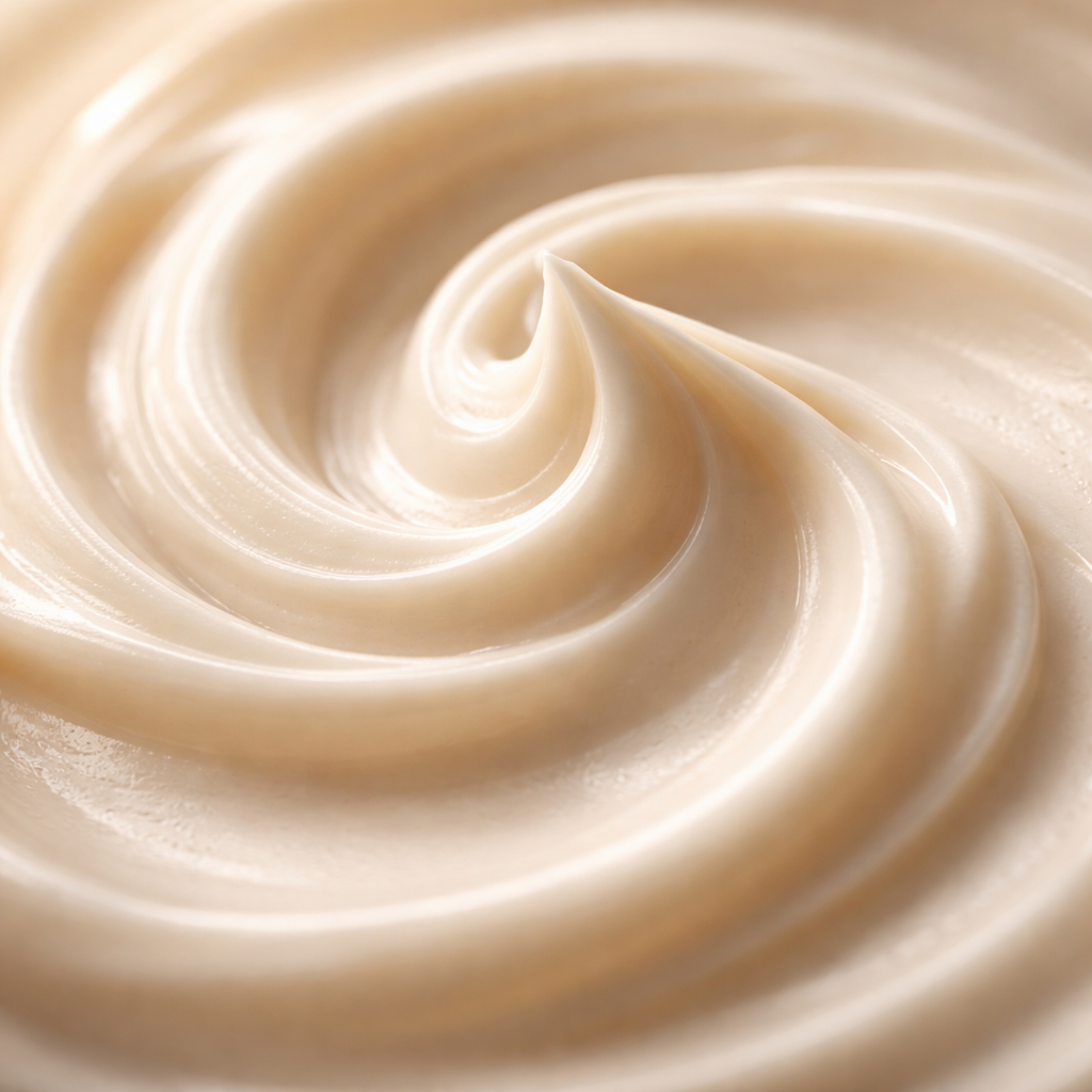 Macro photograph of smooth, refined cream texture in warm neutral tones, representing the structured skin-conditioning base of the formulation.
