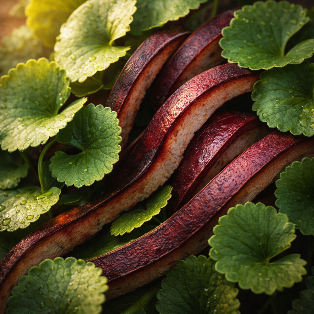 Centella asiatica leaves layered with dried mangosteen rind on textured stone under soft directional light, suggesting circulation and structural botanical support.