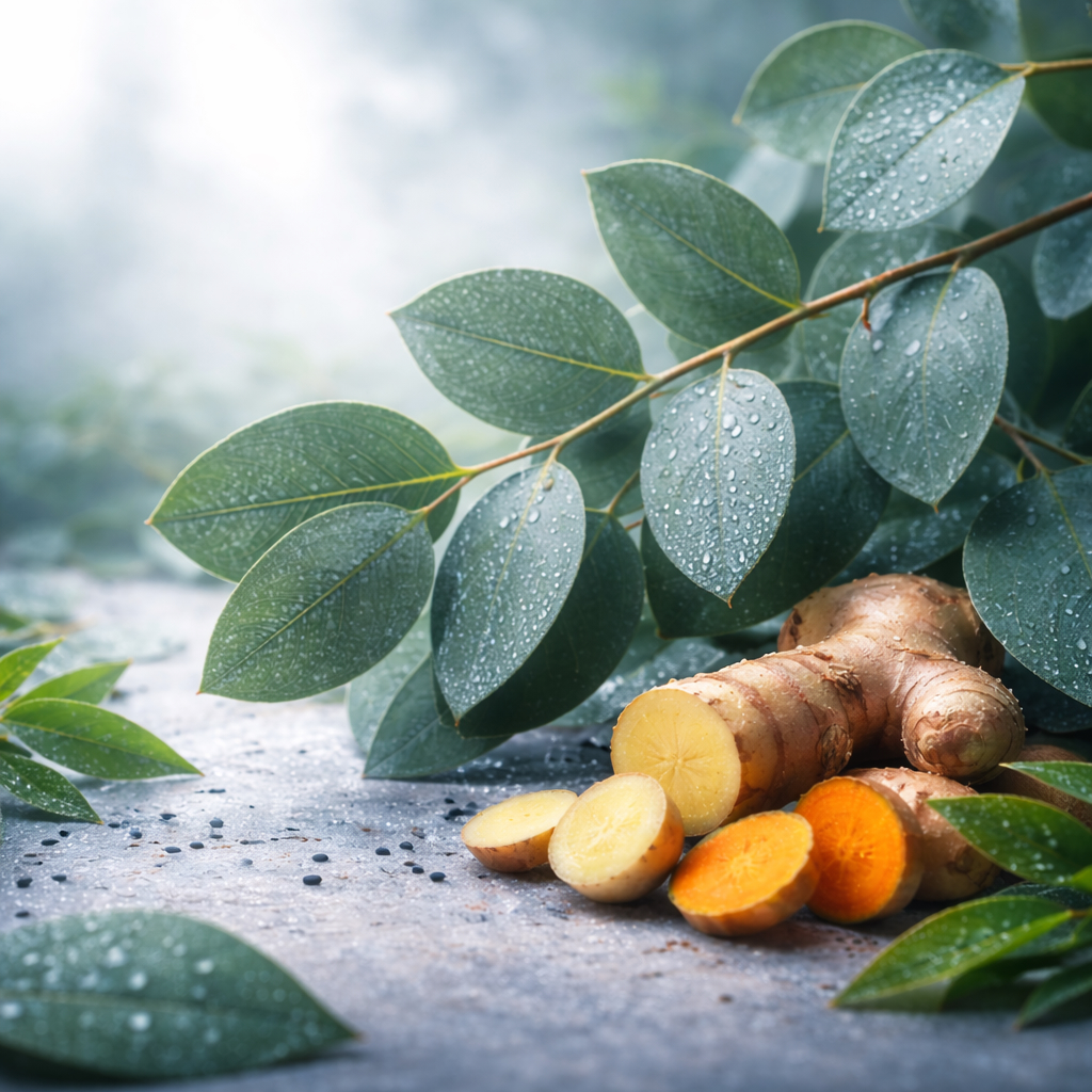 Eucalyptus leaves with fresh ginger and turmeric in cool blue morning light, representing Glacelle’s plant-based cooling botanicals.