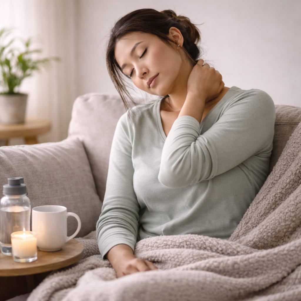 Woman resting and gently massaging her neck during recovery after physical activity.
