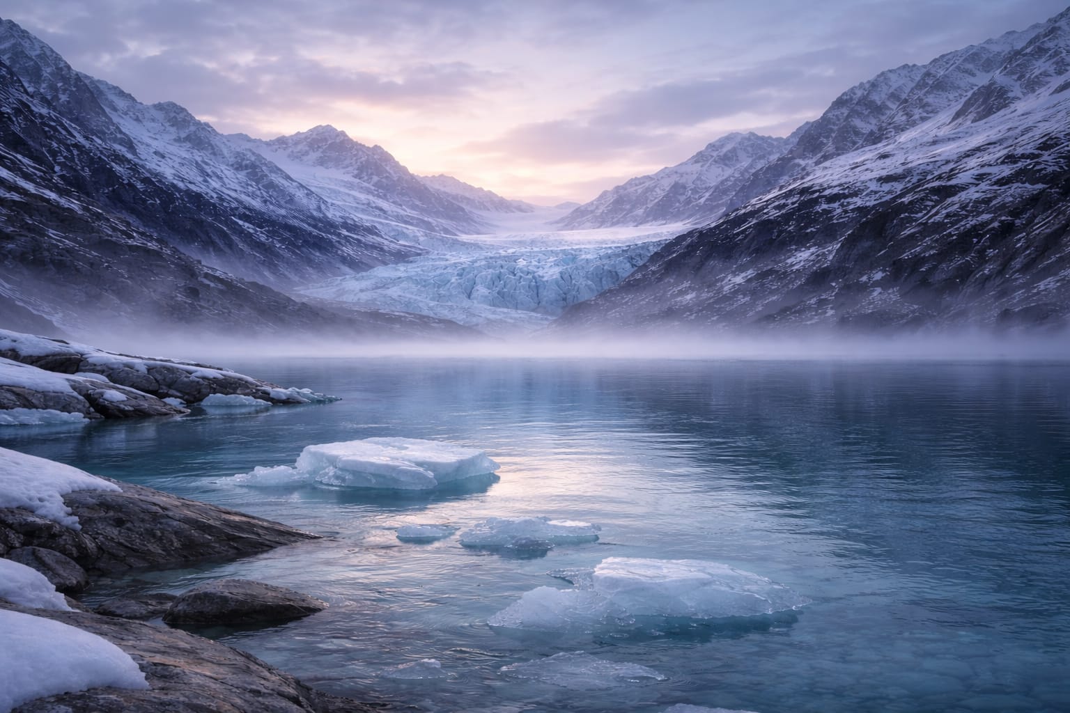 Glacial landscape from the Land of Aethron, with calm ice, still water, and mountain forms reflecting balance and controlled cooling associated with Glacelle.