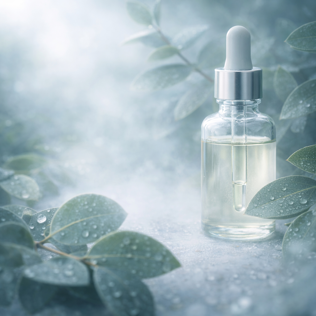 Softly lit eucalyptus leaves arranged beside a small glass dropper bottle, captured in diffused natural light to convey calm, balance, and sensory refinement in a botanical formulation.