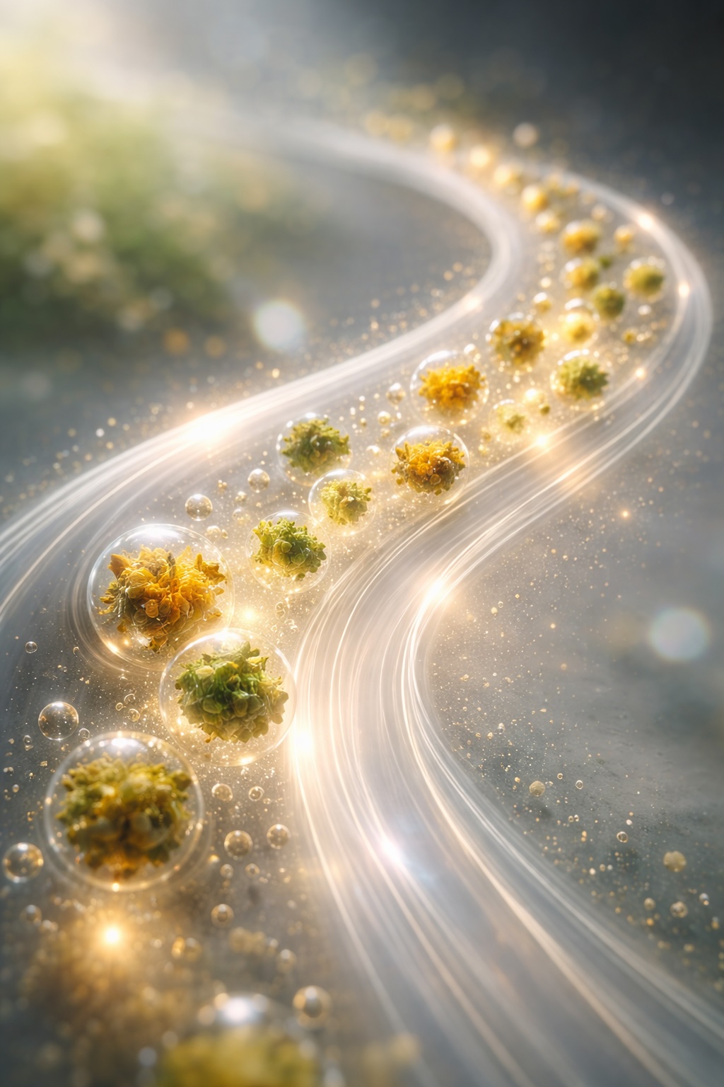 An abstract representation of encapsulated bioactives traveling along a pathway