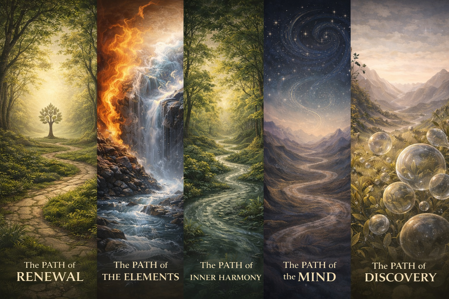 Five vertical landscape panels representing the Aethron pathways: Renewal, the Elements, Inner Harmony, the Mind and Discovery, illustrated through natural scenes of forest, fire and water, winding river, night sky and mountainous terrain.